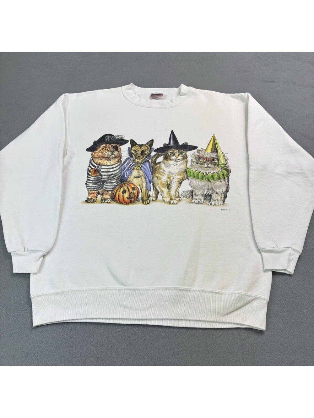 Vintage 90s Halloween Cats In Costume Crewneck Sweatshirt Size Large White